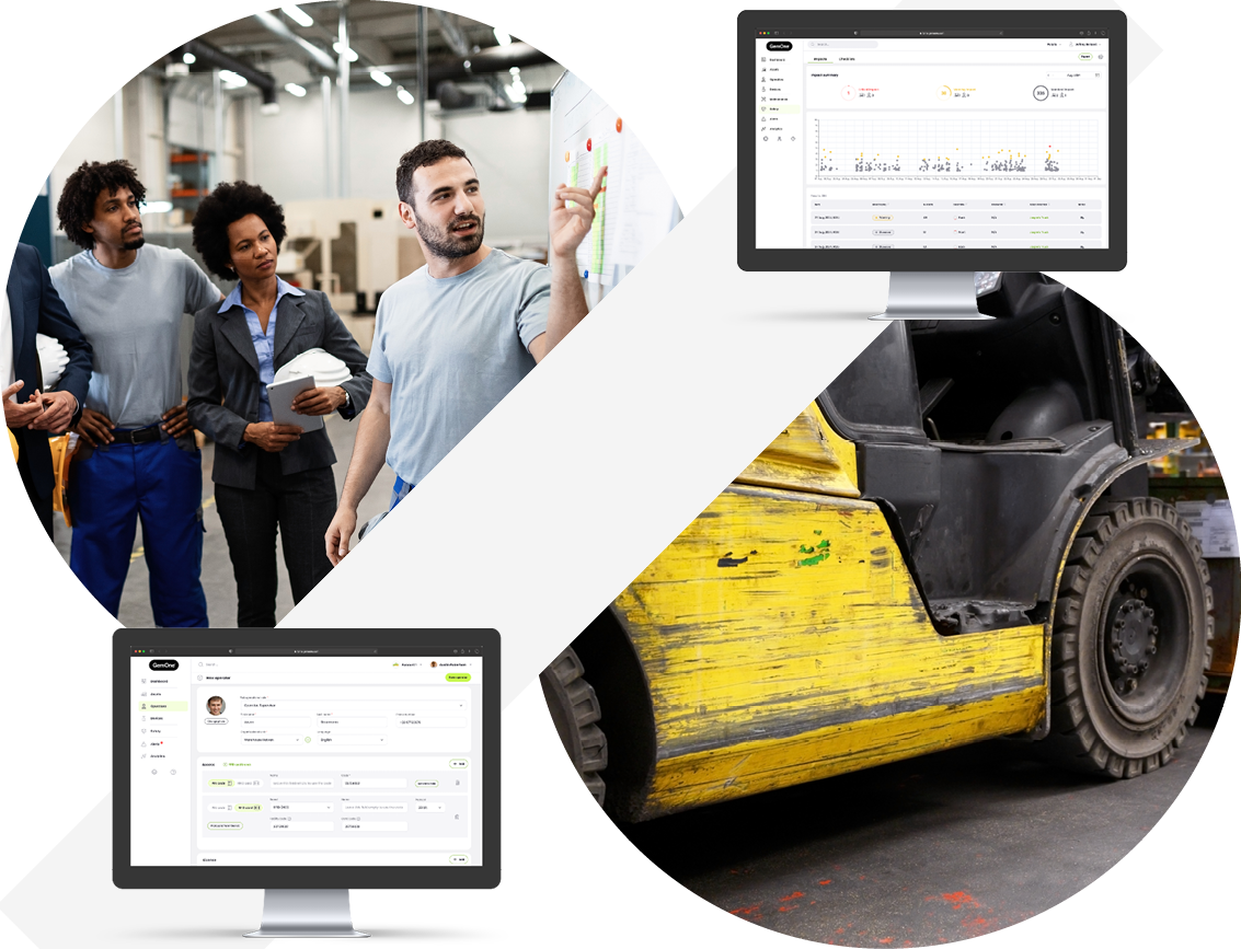 Warehouse workers and industrial machinery